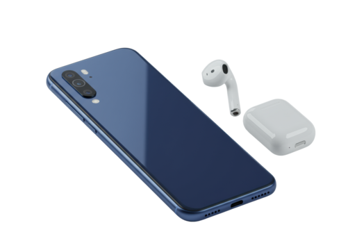 Sleek deep blue smartphone at 45-degree angle with illuminated screen, beside compact white wireless earbud on pristine transparent studio background. Concept of modern technology