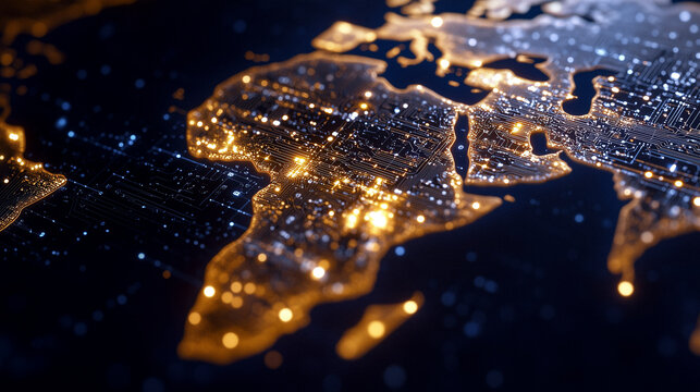 Digital world map centered on Africa, abstract data transfer lines and tech icons, flat design with vibrant orange, navy, and turquoise palette, concept of cyber connectivity and global communication