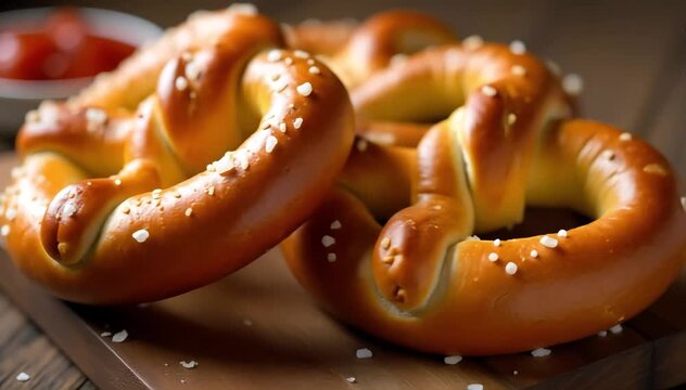 Soft German bretzel pretzels twisted with coarse salt sprinkled on golden crust 