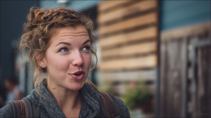 Fototapeta premium Natural Lifestyle Portrait of a Young Woman with Expressive Candid Expression in Outdoor Setting