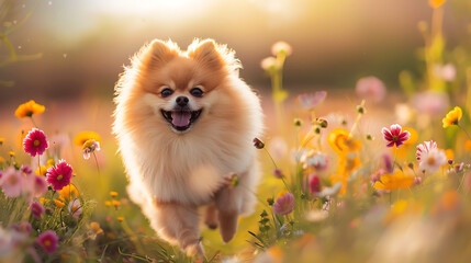 A Pomeranian running through fields