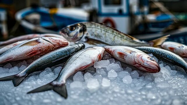 Fresh raw diverse fish catch market display on crushed ice for seafood trade, closeup footage