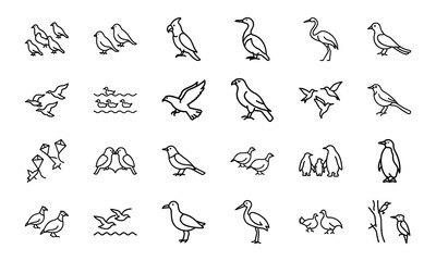 Bird Silhouette Icon Set in Minimal Line Art Style on White Background – Vector Collection of Flying Birds, Penguins, Parrots, Ducks, and Songbirds for Nature and Wildlife Design