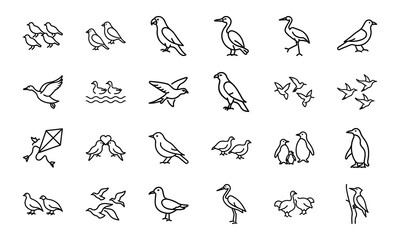 Bird Silhouette Icon Set in Minimal Line Art Style on White Background – Vector Collection of Flying Birds, Penguins, Parrots, Ducks, and Songbirds for Nature and Wildlife Design