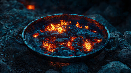 Round metal cauldron filled with glowing embers and flames creates dramatic and intense scene, surrounded by rocks. fiery display contrasts with dark, rugged environment