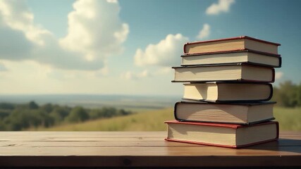 A collection of books stacked on a wooden table, ideal for educational or office settings