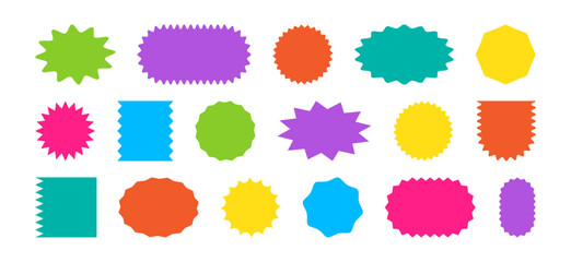 Shape sticker icon, star burst label. Circle bubble and oval badge. Retro price tag, sale round banner, discount stamp, color empty coupon set isolated on white background. Simple vector illustration