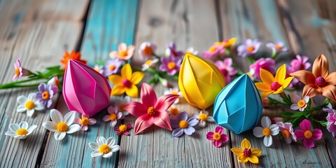 Fototapeta premium Vibrant origami Easter eggs & flowers playfully scattered on rustic wood, origami flowers, chick