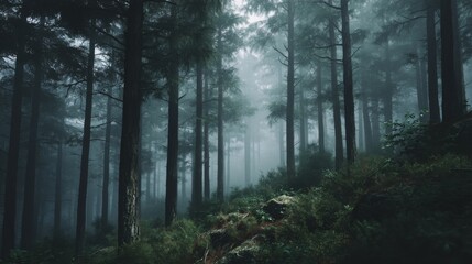 Obraz premium Enigmatic Foggy Forest with Mysterious Atmosphere and Cinematic Tones