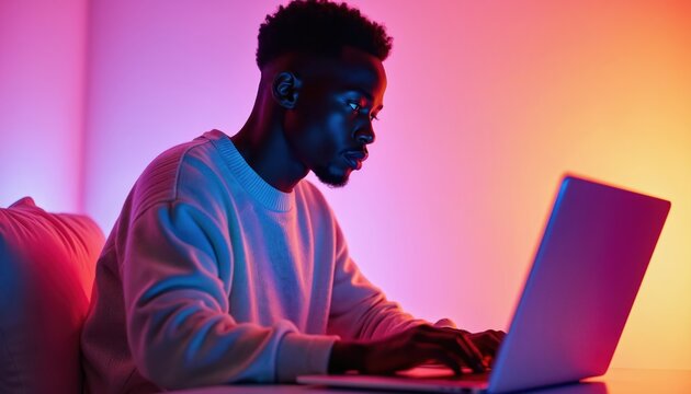 Young black man types on laptop. He sits in room with colorful neon light glow. Person works at computer indoors at night. Focus on coding or gaming. Nightlife digital.