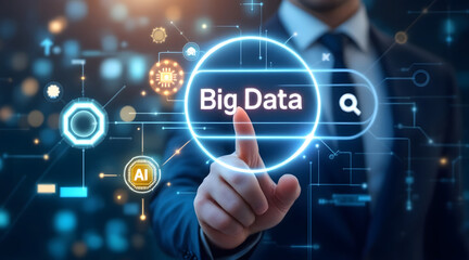 Businessman interacts with a glowing big data interface on a digital screen