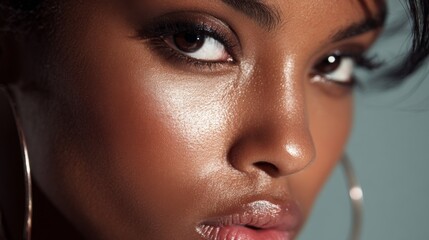 Stunning Glamour Beauty Portrait Capturing Glossy Skin and Striking Features with Soft Focus and Professional Lighting