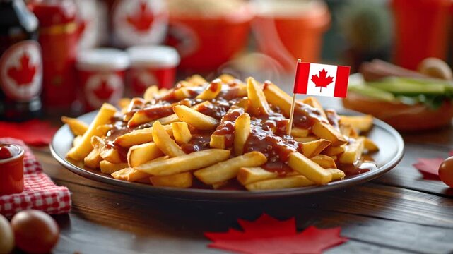 Poutine on a plate at a cafe, the national food of Canada
