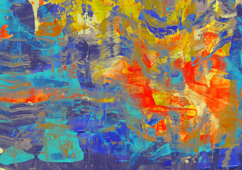 Horizontal vibrant multi-colored background with bold brushstrokes and dynamic color transitions, multi-layered painting