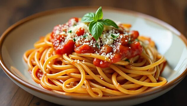 Spaghetti amatriciana tossed in rich tomato sauce with crispy pancetta and pecorino cheese 