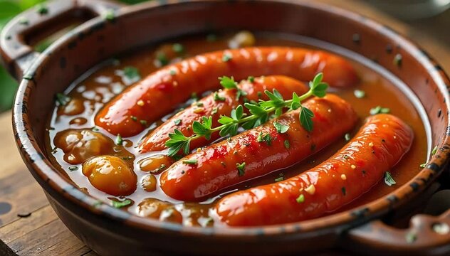 Spanish chorizo cooked in cider sauce with garlic and herbs simmering in rustic ceramic dish 