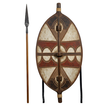 A shield with geometric tribal designs stands next to a spear on white or transparent background