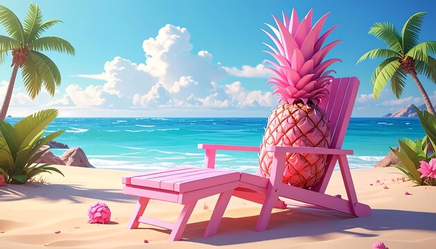 A vibrant tropical beach scene featuring a large pink pineapple resting on a pink chaise lounge, perfect for a relaxing summer day. - Powered by Adobe