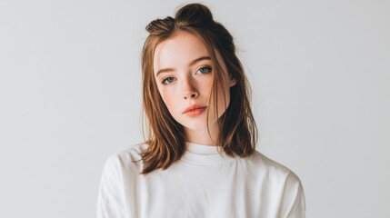 Naklejka premium Elegant Minimalist Portrait of a Young Woman with Clean Background and Natural Makeup