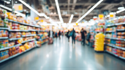 Obraz premium Bright supermarket interior with blurred shoppers moving through wide aisles filled with colorful product displays