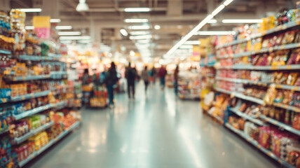 Blurred supermarket interior with bright aisles full of colorful products and moving customers shopping