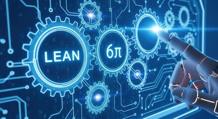 Human finger interacting with futuristic digital interface displaying lean six sigma business process improvement concept