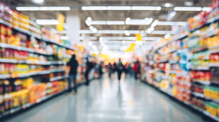 Modern supermarket interior with bright fluorescent lighting showing blurred customers shopping in wide product aisles