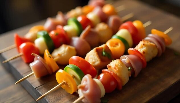 Spanish pinchos tapas skewers with assorted meats, vegetables, and bread arranged neatly 