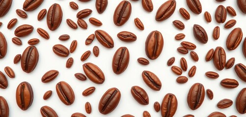 Obraz premium A repeating pattern of flat-style cocoa beans evenly spaced on a white background, background, agriculture