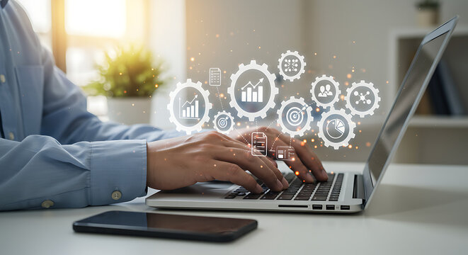 Man working on laptop with business process automation icons