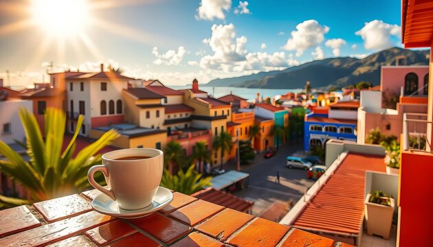 Warm morning sunlight on a coffee cup, overlooking the colorful buildings of Puerto Vallarta's old town from a terracotta tiled terrace,  old town,   stock photo