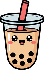 Vector art of a charming cup of bubble tea with a cheerful expression, featuring big, sparkling eyes and rosy cheeks, this delightful drink is perfect for adding a touch of fun to any project