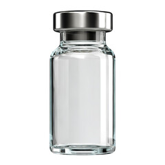 Photo of a clear glass medical vial with a silver cap, isolated on transparent background