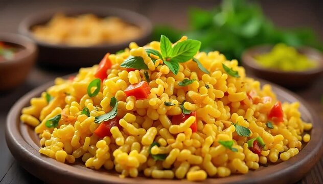 Spicy bhel puri resting on wooden board with sev sprinkled and fresh mint garnish 