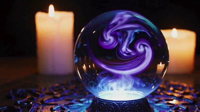 Halloween night crystal ball with glowing swirling smoke and sparks on a dark mystical background
