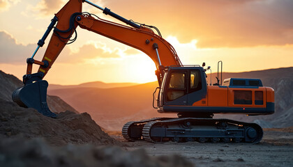Large orange excavator sits on dirt pile at golden sunset. Heavy construction machine stands ready for work. Earthmoving equipment at industrial site for development. Powerful digger builds future