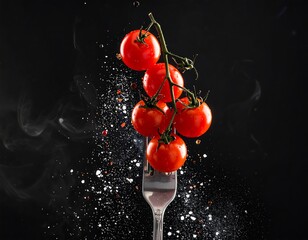 A cluster of fresh, vibrant red cherry tomatoes, suspended on a fork, amidst a dramatic display of spice and steam, creating a captivating still life.