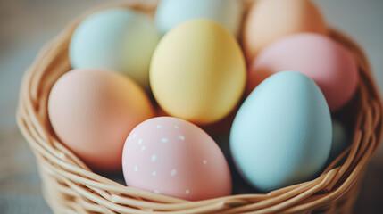 Woven basket filled with colorful pastel Easter eggs on a soft background, ideal for spring celebrations