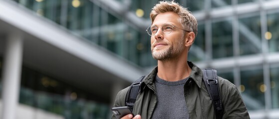 Casual man sporting medium-length hair and glasses engages with his mobile phone at a contemporary airport gate with glass walls