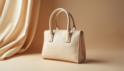 Beige handbag with rounded handles stands on smooth beige surface. Soft draped fabric in pale yellow color cascades behind. Elegant accessory for women, fashion item. Minimalist studio shot.