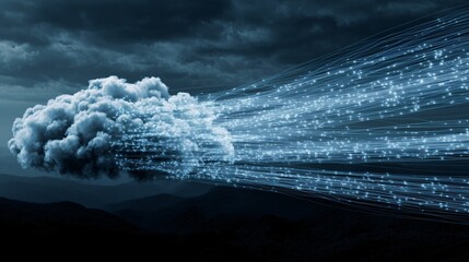 Digital cloud floats over dark landscape, with streams of glowing data lines extending from it, symbolizing cloud computing and data migration. scene is futuristic and dynamic