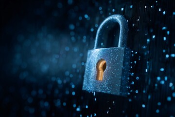 Digital padlock symbolizes cybersecurity, with glowing keyhole amidst backdrop of binary code, representing data protection and encryption
