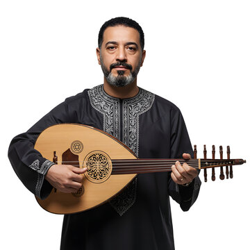 An Egypt man in dark clothing plays an Oud set on white or transparent background