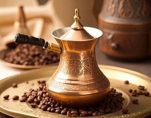 Copper coffee pot surrounded by coffee beans