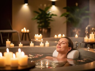 Peaceful warm spa scene with woman resting surrounded by candlelight creating calm soothing ambiance highlighting relaxation beauty and wellness harmony