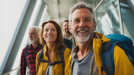 Group of smiling hikers in modern building with backpacks, wearing casual outdoor clothing, enjoying their adventure. bright atmosphere suggests excitement and camaraderie