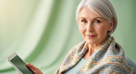 A mature woman with elegant silver hair, wearing a patterned scarf, holds a tablet computer and looks thoughtfully at the camera.