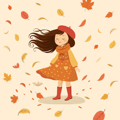 ector illustration of a girl in an orange autumn dress, beret, scarf and boots standing in the wind with flying hair and swirling falling leaves. Seasonal autumn design