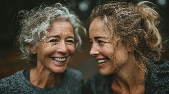 Two Women Smiling Together with Joyful Expressions in a Warm Embrace, Capturing the Beauty of Friendship and Connection in Natural Light Outdoors