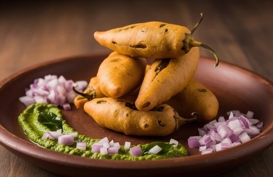Crispy fried mirchi bajji on rustic clay plate with green chutney and onion garnish, spicy and vibrant snack